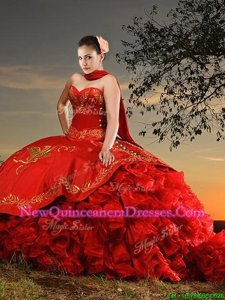 Amazing Sleeveless Organza and Taffeta With Brush Train Lace Up 15 Quinceanera Dress inRed withEmbroidery and Ruffles