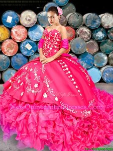 Fabulous Sleeveless With Train Beading and Embroidery and Ruffles Lace Up Vestidos de Quinceanera with Hot Pink Brush Train