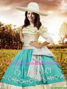 Deluxe Turquoise and Yellow Off The Shoulder Neckline Embroidery and Ruffled Layers and Bowknot Vestidos de Quinceanera Half Sleeves Lace Up