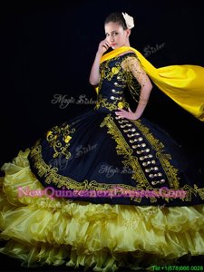 Flirting Off the Shoulder Black and Yellow Sleeveless Floor Length Beading and Embroidery and Ruffled Layers Lace Up Quinceanera Dress