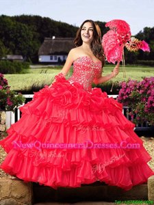 Cheap Ruffled Floor Length Coral Red 15 Quinceanera Dress Sweetheart Sleeveless Lace Up