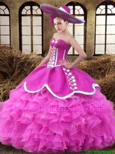 Graceful Sleeveless Floor Length Ruffles Lace Up Quinceanera Gown with Fuchsia