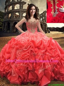Enchanting Floor Length Red Quinceanera Dress Fabric With Rolling Flowers Sleeveless Spring and Summer and Fall and Winter Beading