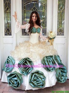Exquisite White Sweetheart Neckline Beading and Ruffles and Hand Made Flower Sweet 16 Dress Sleeveless Lace Up