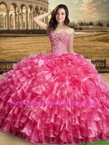Glamorous Sweetheart Sleeveless Organza Sweet 16 Quinceanera Dress Beading and Ruffles and Hand Made Flower Lace Up