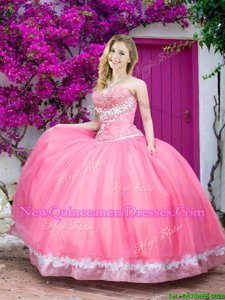 Fancy Tulle Sweetheart Sleeveless Lace Up Beading and Appliques Sweet 16 Dress inRose Pink