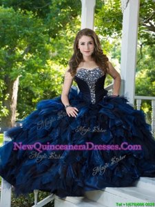 Floor Length Navy Blue Quince Ball Gowns Tulle Sleeveless Spring and Summer and Fall and Winter Beading and Ruffles