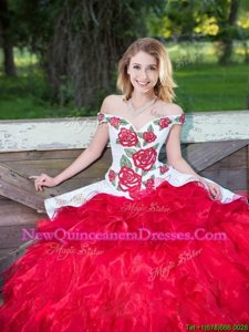 Super Off the Shoulder Sleeveless Embroidery and Ruffles Lace Up Sweet 16 Dresses