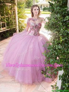 Flare Scoop Lilac Long Sleeves Floor Length Beading and Sequins Lace Up Quinceanera Dresses