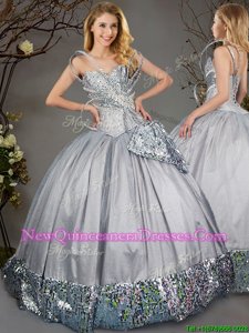 Fashion Sweetheart Sleeveless 15 Quinceanera Dress Floor Length Beading Grey Taffeta