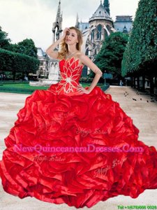 On Sale Strapless Sleeveless Brush Train Lace Up Sweet 16 Dress Red Organza