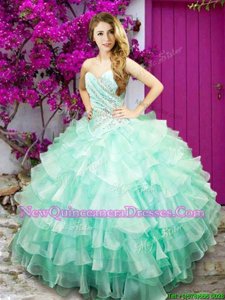 Customized Ruffled Sweetheart Sleeveless Lace Up Quinceanera Dress Apple Green Organza