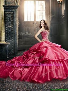 Best Selling Coral Red Lace Up Quince Ball Gowns Beading and Ruffled Layers Sleeveless Court Train
