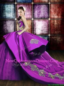 Most Popular Eggplant Purple Ball Gowns Strapless Sleeveless Satin and Sequined Court Train Lace Up Appliques Quince Ball Gowns