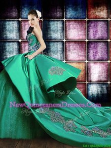 Charming Green Sleeveless Appliques Lace Up Quince Ball Gowns