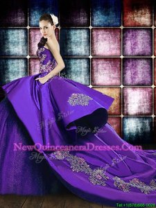 Sophisticated Satin and Sequined Strapless Sleeveless Court Train Lace Up Appliques Quinceanera Gowns inPurple
