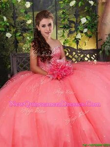 Cute Watermelon Red Tulle Lace Up Vestidos de Quinceanera Sleeveless Floor Length Sequins