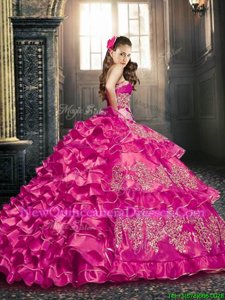 Comfortable Ruffled Hot Pink and Royal Blue and Spring Green Sleeveless Organza Lace Up Quince Ball Gowns for Prom and Party