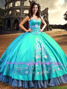 Custom Fit Embroidery Sweetheart Sleeveless Lace Up Quince Ball Gowns Aqua Blue Taffeta