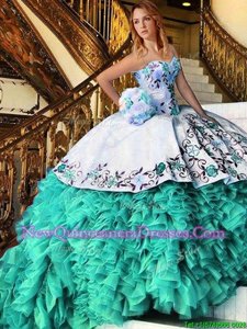 Fitting White and Turquoise Ball Gowns Appliques and Embroidery Quinceanera Dress Lace Up Organza Sleeveless Floor Length