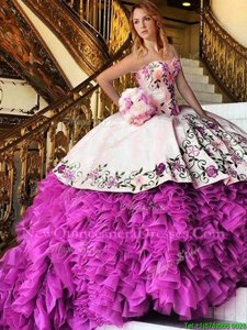 Dynamic Floor Length Lace Up Sweet 16 Quinceanera Dress Pink And White and In for Military Ball and Sweet 16 and Quinceanera withAppliques and Embroidery