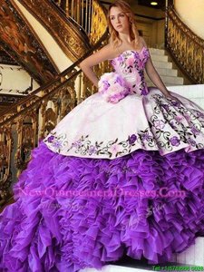 Modest White And Purple Sleeveless Floor Length Appliques and Embroidery Lace Up Ball Gown Prom Dress