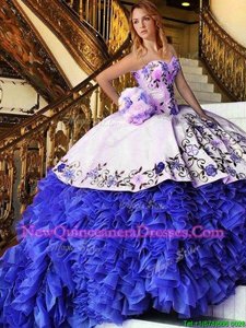 Smart Sleeveless Floor Length Appliques and Embroidery Lace Up Vestidos de Quinceanera with Blue And White