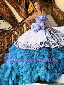 Deluxe Baby Blue Vestidos de Quinceanera Military Ball and Sweet 16 and Quinceanera and For withAppliques and Embroidery and Ruffles Sweetheart Sleeveless Lace Up