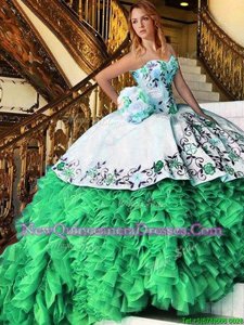 Dramatic Spring Green Organza Lace Up Quinceanera Dress Sleeveless Floor Length Appliques and Embroidery and Ruffles