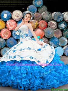 Dazzling Blue And White Halter Top Neckline Appliques and Embroidery and Ruffles Quinceanera Gowns Sleeveless Lace Up