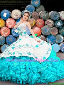High End Blue And White Organza Lace Up Sweetheart Sleeveless Floor Length Vestidos de Quinceanera Appliques and Embroidery and Ruffles
