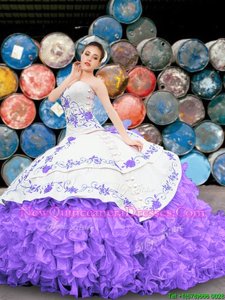 Pretty Floor Length White And Purple Sweet 16 Dress Organza Sleeveless Spring and Summer and Fall and Winter Appliques and Embroidery and Ruffles