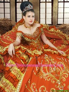 Fantastic Off the Shoulder Orange Satin Lace Up 15 Quinceanera Dress Sleeveless Floor Length Embroidery
