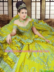 Beauteous Light Yellow Lace Up Off The Shoulder Embroidery Sweet 16 Dress Satin Sleeveless