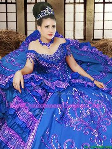 Latest Off the Shoulder Floor Length Ball Gowns Sleeveless Royal Blue Quinceanera Dresses Lace Up