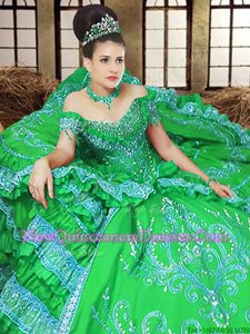 Beautiful Off the Shoulder Floor Length Lace Up 15th Birthday Dress Spring Green and In for Military Ball and Sweet 16 and Quinceanera withEmbroidery