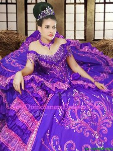 Fabulous Off the Shoulder Lavender Sleeveless Floor Length Embroidery Lace Up Quince Ball Gowns
