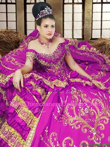 Off the Shoulder Purple Sleeveless Floor Length Embroidery Lace Up Sweet 16 Quinceanera Dress