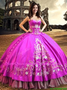 Fancy Floor Length Fuchsia Quinceanera Gown Satin Sleeveless Spring and Summer and Fall and Winter Embroidery