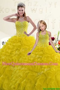 Dramatic Sweetheart Sleeveless 15th Birthday Dress Floor Length Beading and Ruffles Yellow Organza