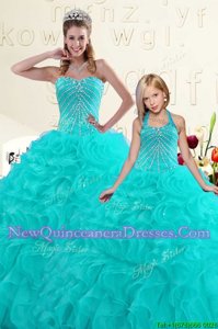 Dynamic Aqua Blue Organza Lace Up Sweetheart Sleeveless Floor Length Sweet 16 Quinceanera Dress Beading and Ruffles