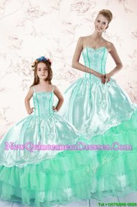 Apple Green Long Sleeves Embroidery and Ruffled Layers Floor Length 15th Birthday Dress