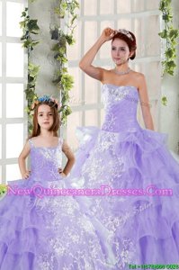 High Class Lavender Sleeveless Embroidery and Ruffled Layers Floor Length Quinceanera Dress