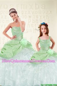 Affordable Spring Green Sleeveless Floor Length Beading and Ruffled Layers and Hand Made Flower Lace Up 15th Birthday Dress