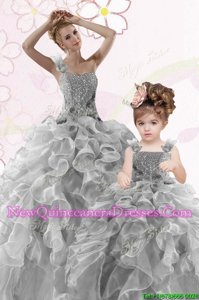Artistic Grey Lace Up One Shoulder Beading and Ruffles Quinceanera Dresses Organza Sleeveless