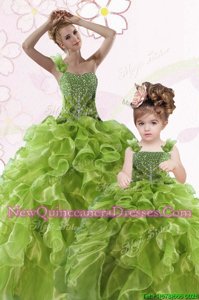 Stunning Green One Shoulder Lace Up Beading and Ruffles Ball Gown Prom Dress Sleeveless