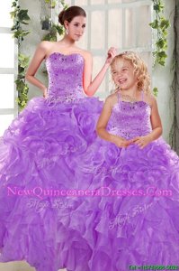 Unique Organza Strapless Sleeveless Lace Up Beading and Ruffles Sweet 16 Dresses inPurple