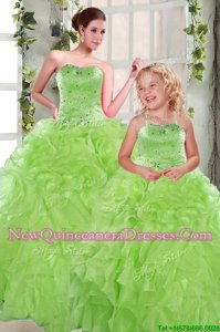 Flare Spring Green Sleeveless Organza Lace Up 15th Birthday Dress for Military Ball and Sweet 16 and Quinceanera