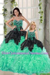 Delicate Black and Apple Green Ball Gowns Sweetheart Sleeveless Organza Floor Length Lace Up Beading and Ruffles Quinceanera Dresses