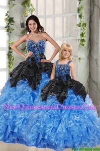 Charming Black and Blue Sleeveless Organza Lace Up Sweet 16 Quinceanera Dress for Military Ball and Sweet 16 and Quinceanera